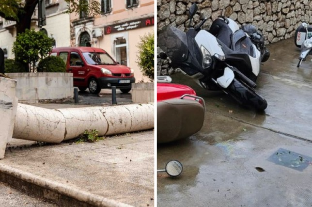 Olujni vjetar napravio kaos po gradu: Srušen rasvjetni stup na Starom pazaru, motori 'polegli' na Baldekinu...
