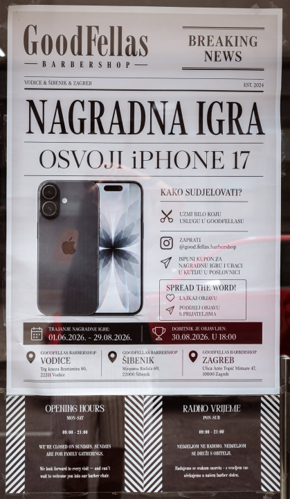 FOTO GoodFellas Barbershop otvorio vrata u Šibeniku: Iskusni barberi, vrhunska usluga i prilika za osvajanje iPhonea 17